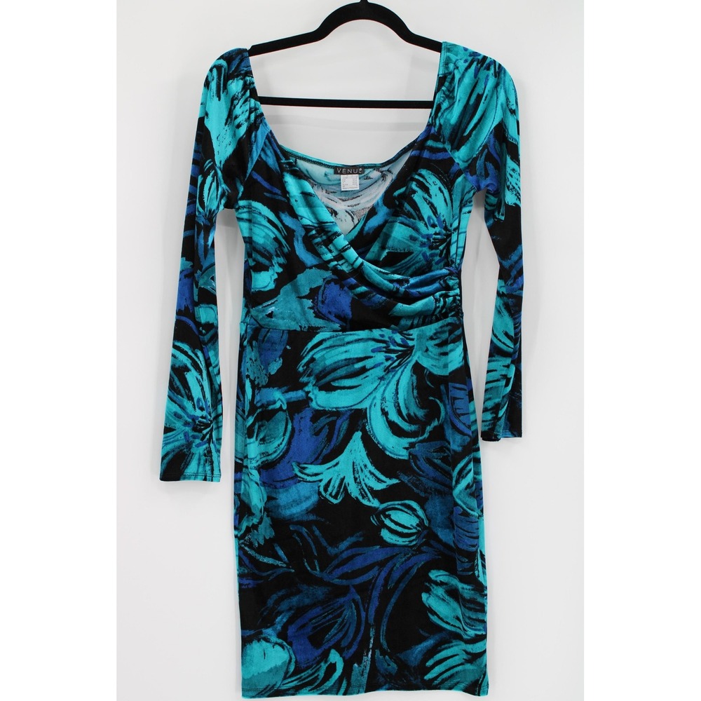 Venus Dress Womens Small Blue Black Long Sleeve Floral Wrap Bodycon Stretchy